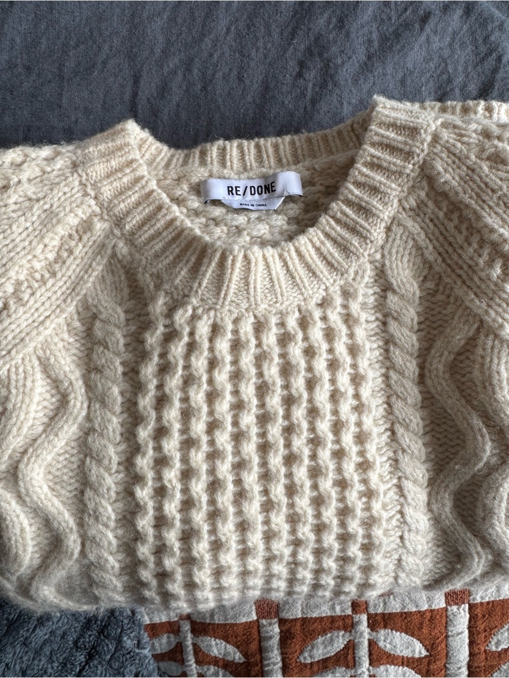 Re/Done Cream 100% Wool Cable Fair Isle Sweater XS